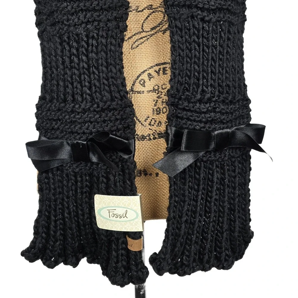 Fossil Lacey Lurex Black Chunky Knit Scarf with Satin Bows Metallic CW4003001
